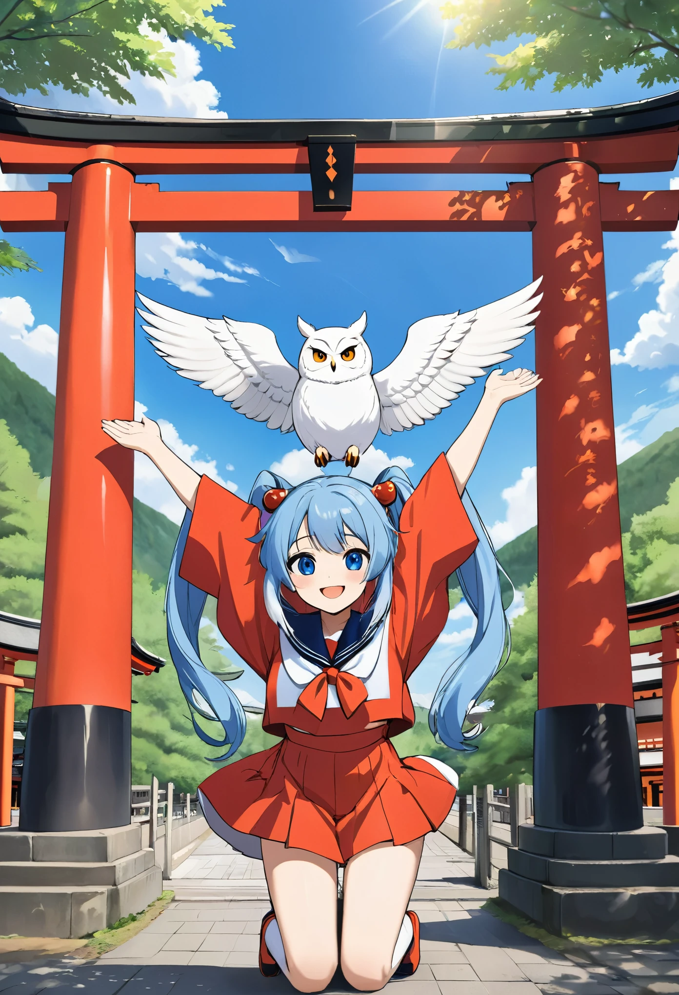 white owl flying、Light blue long hair、Beautiful girl with twin tails、Red Torii Gate、A girl prays at a shrine in a forest of fresh greenery,Sailor suit、The girl is depicted large in the center、Bright smile、blue sky、Fushimi Inari Shrine、Many torii gates、