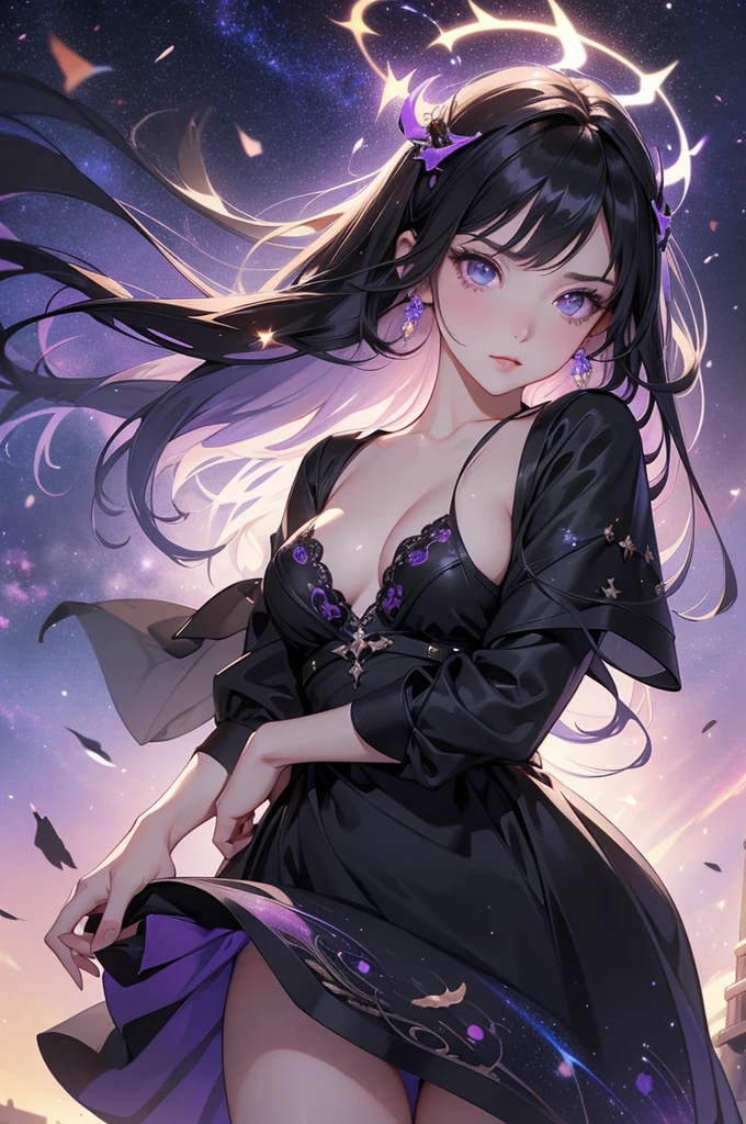 (masterpiece), best quality, expressive eyes, perfect face, (nsfw) not safe for work, 1girl, [highly detailed eyes], (highly detailed eyes), anime girl with long hair, goddess of the galaxy, nebula, dress, [upskirt], (upskirt}, godly stance, godly pose, head leaning on hand, hand on face, from below, seductive anime girl, [seductive face], mommy, milf, cleavage, ((floating)), no panties, anime best girl, an anime drawing inspired by Naka Bokunen, mature, solo, tall, normal body, dark theme, dark aesthetic, ((black hair with purple undertone)), stars on dress design, ((angry)), smirking, smirk, sexy, ((wind blowing dress up)). pussy, vagina, clit, assfangs, ((galaxy's goddess)), small black horns or black halo, nsfw, ((highly detailed vagina)), 
