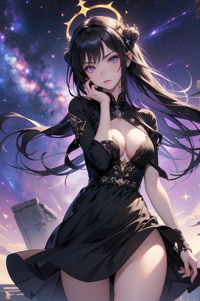 (masterpiece), best quality, expressive eyes, perfect face, (nsfw) not safe for work, 1girl, [highly detailed eyes], (highly detailed eyes), anime girl with long hair, goddess of the galaxy, nebula, dress, [upskirt], (upskirt}, godly stance, godly pose, head leaning on hand, hand on face, from below, seductive anime girl, [seductive face], mommy, milf, cleavage, ((floating)), no panties, anime best girl, an anime drawing inspired by Naka Bokunen, mature, solo, tall, normal body, dark theme, dark aesthetic, ((black hair with purple undertone)), stars on dress design, ((angry)), smirking, smirk, sexy, ((wind blowing dress up)). pussy, vagina, clit, assfangs, ((galaxy's goddess)), small black horns or black halo, nsfw, ((highly detailed vagina)), 
