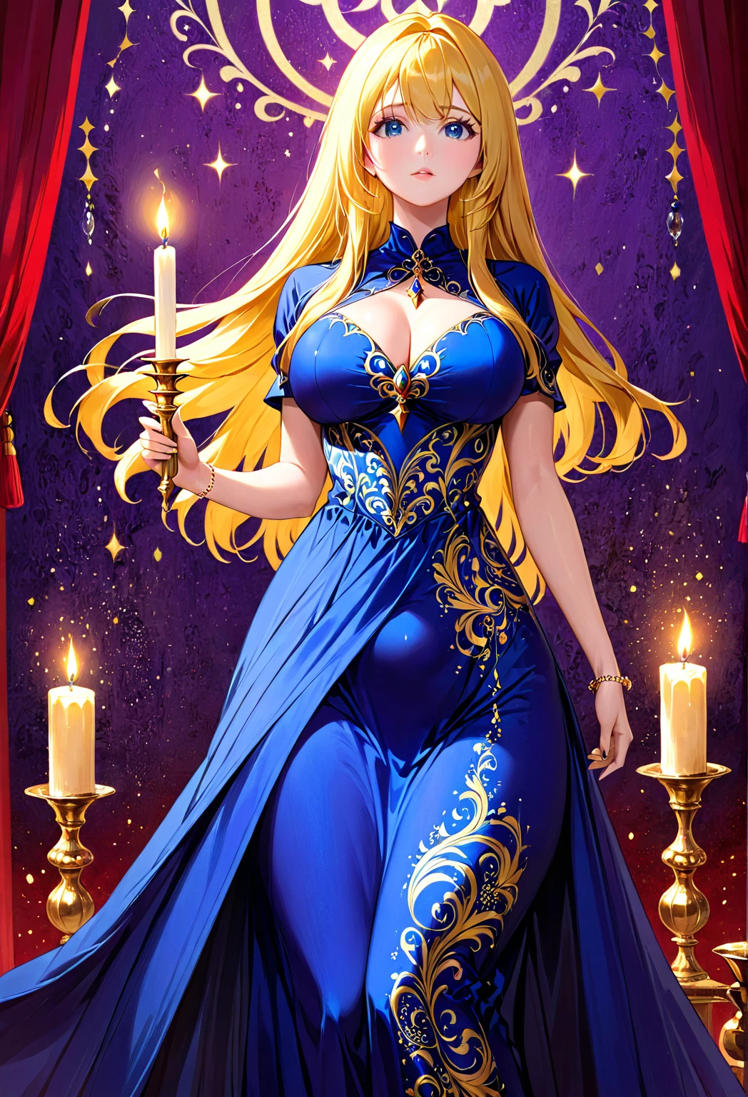 (( straight face picture )) ((best quality)),  ((Masterpiece)), (details), Young woman , yellow hair , Dirt. , blue eyes ,Blue purple set, gold pattern  , Magician , The dress is very beautiful. ,long dress ,big breasts ,Big butt ,red background ,curtain ,candle