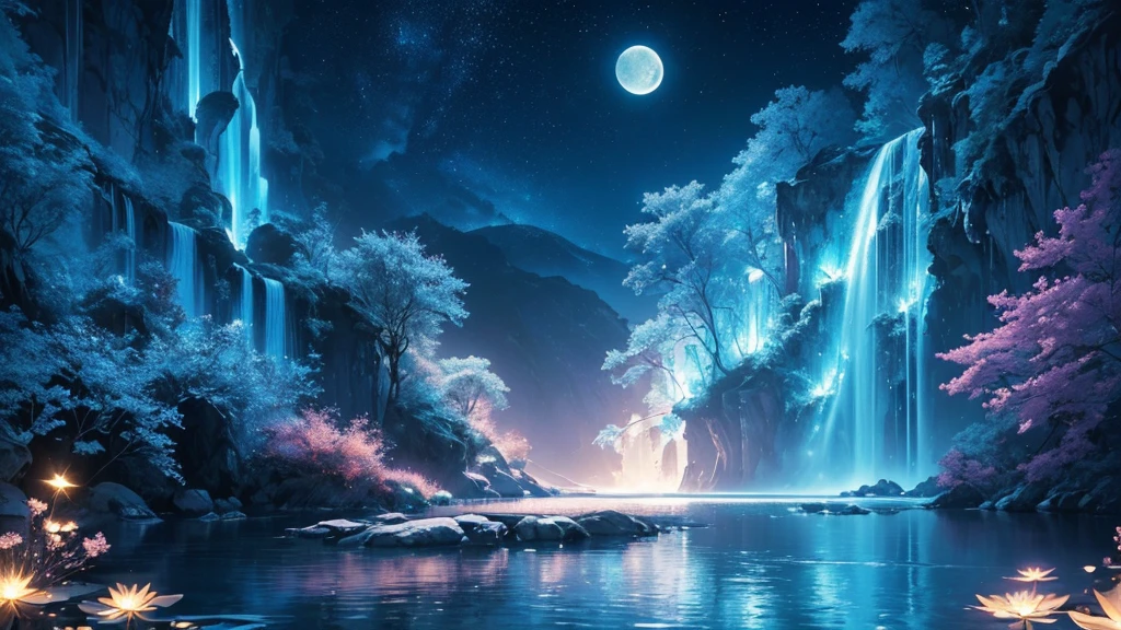 (High resolution, realistic, 4K, super detailed, masterpiece:1.2)a serene river with flowing water, twinkling stars in the night sky, the moon trembling on the water surface, floating jellyfish drifting in the current, delicate glowing aquamarine flowers blooming along the riverbank, a dreamlike blue world, dramatic lighting, Bright colors, enchanting beauty