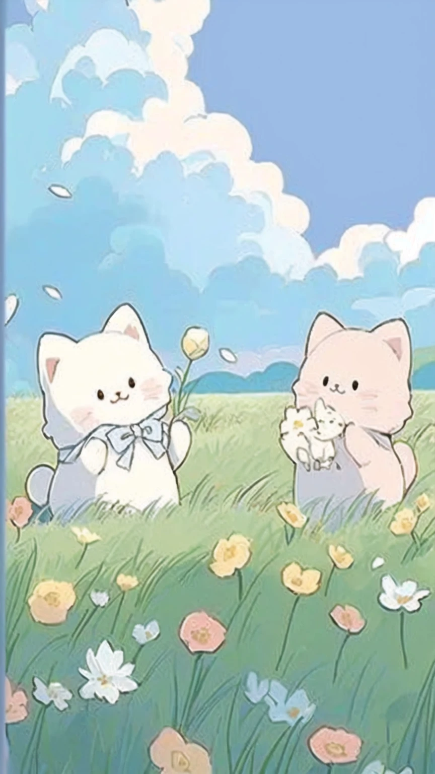 cartoon cat and kittens In a field of flowers with a sky background, Animated visual of cute cats, Kawaii cat, Cute cat, Lovely artwork, sitting In a field of flowers, In a field of flowers, Cute anime, Soft anime illustration, by Eizan This is a gift, Illustration of two cats, Anime cat, background is heavenly，Blue sky and white clouds，