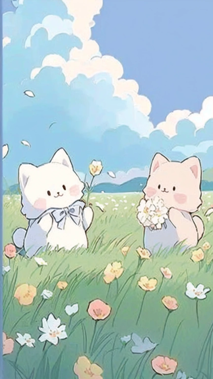 cartoon cat and kittens In a field of flowers with a sky background, Animated visual of cute cats, Kawaii cat, Cute cat, Lovely artwork, sitting In a field of flowers, In a field of flowers, Cute anime, Soft anime illustration, by Eizan This is a gift, Illustration of two cats, Anime cat, background is heavenly,Blue sky and white clouds,