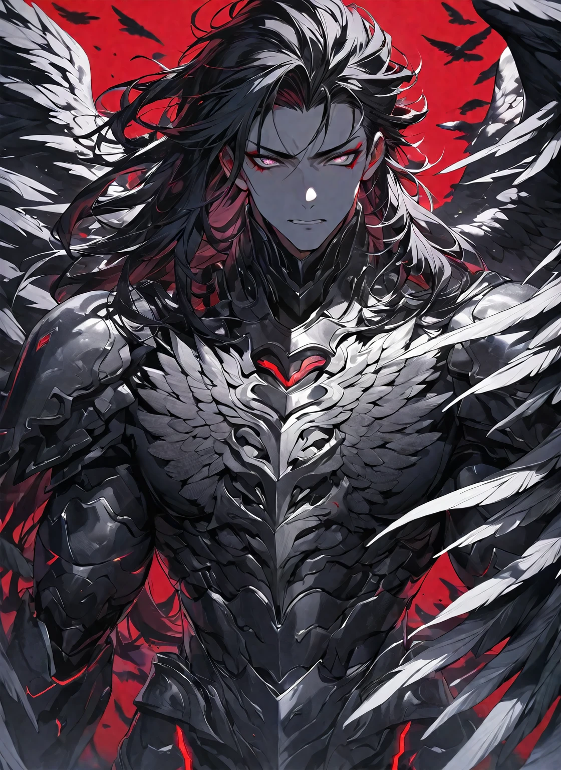 Best quality, One, beautiful, 1 man, tall man, with a sporty body, V-shaped body, wide shoulders, black detailed armor with bright white details, 10 black feathered wings, long hair, Black hair covered with dirt and Charcoals, neon white pupils (white eyes), against the background Black miasma with shades of red