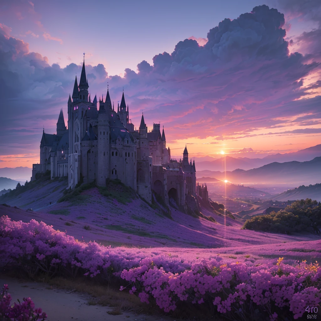 purple sunset sky, magical glowing clouds, mystical atmosphere, fantasy landscape, (best quality,4k,8k,highres,masterpiece:1.2),ultra-detailed,(realistic,photorealistic,photo-realistic:1.37),dramatic lighting, dramatic colors, cinematic composition, intricate details, vivid colors, ethereal, dreamlike, enchanting