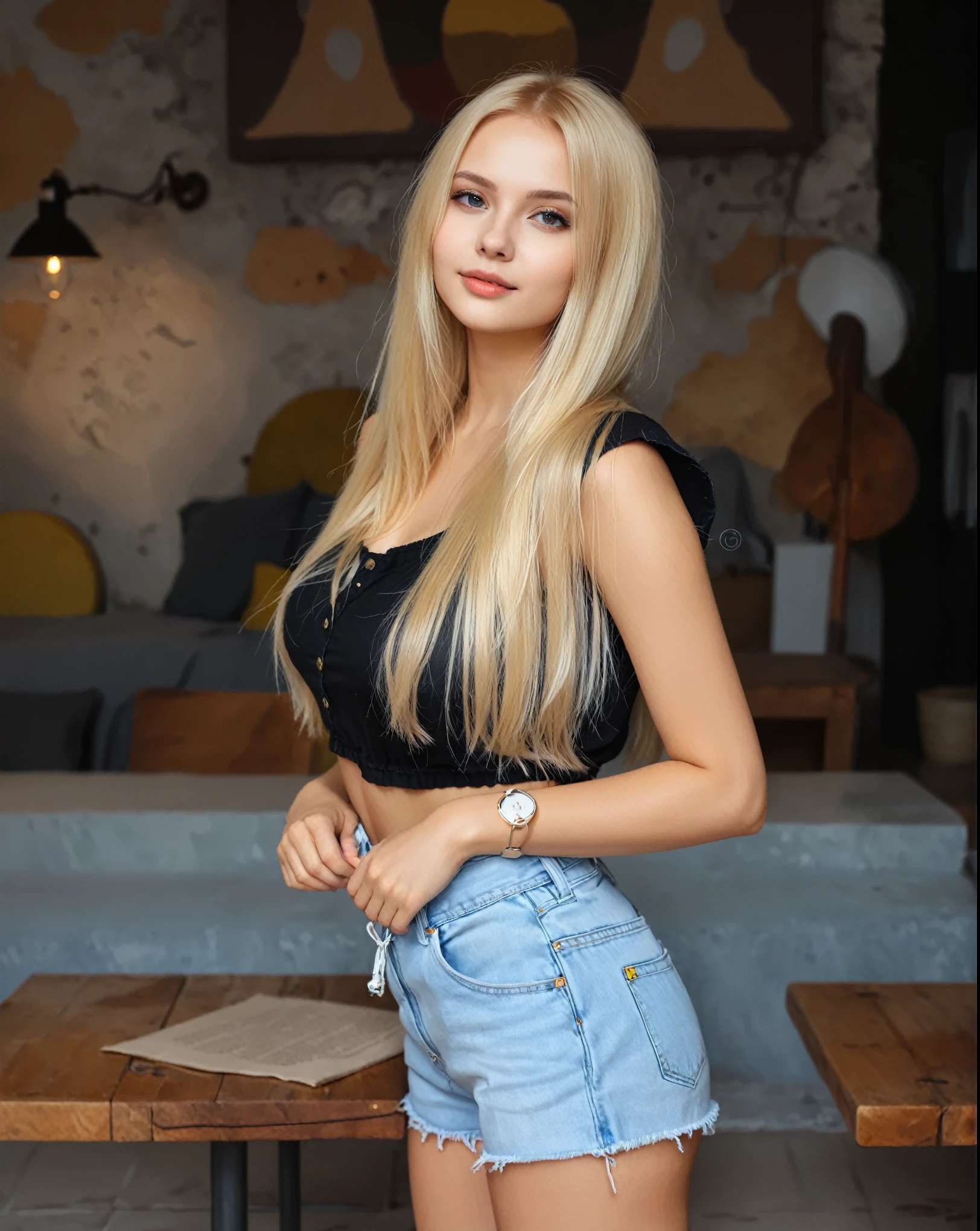 Arafed woman wearing a black top and denim shorts posing for a photo., Anna Nikonova aka Newmilky, Yelena Belova, Angelina Stroganova, Victoria Gavrilenko, anna nikonova, beautiful blonde girl, Ukrainian girl, Dasha Taran, a beautiful blonde, Anastasia Ovchinnikova, olga buzova