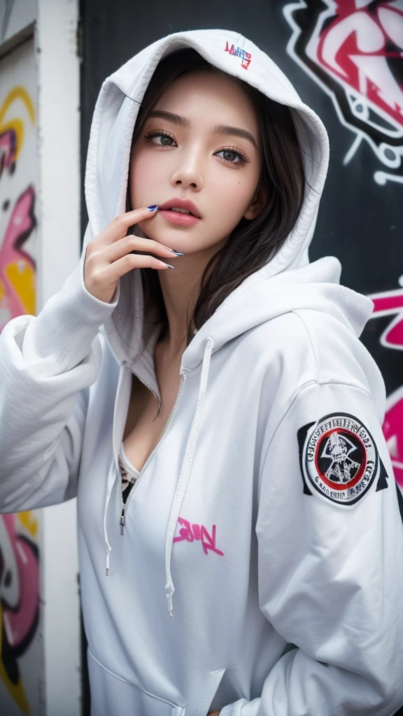 1 girl, solo, pretty face, eyelashes, nose, glossy lips, (detailed eyes, looking at viewer, fair skin, white skin: 1.5), smooth skin, wearing hoodie, 8k portrait of beauty in hoodie, intricate, graceful, highly detailed, majestic, digital photography, hyper realistic, Masterpiece, Best Quality, (graffiti:1.5), paint splatter, jacket, On wall, paint can, looking at viewer, head slanted, clothing color cyberpunk, (Wear a cyberpunk hooded military uniform), cyberpunk city, long fashion hair, slim body, large breast, small cleavage, wearing modern army hoodie, hoodie wear, masterpiece, highly detailed, ultra hd, 8k, detailed face, bright eyes, perfect eyes, detailed skin texture, detailed lips, sexy lips, perfect hands, dynamic poses, dynamic angle