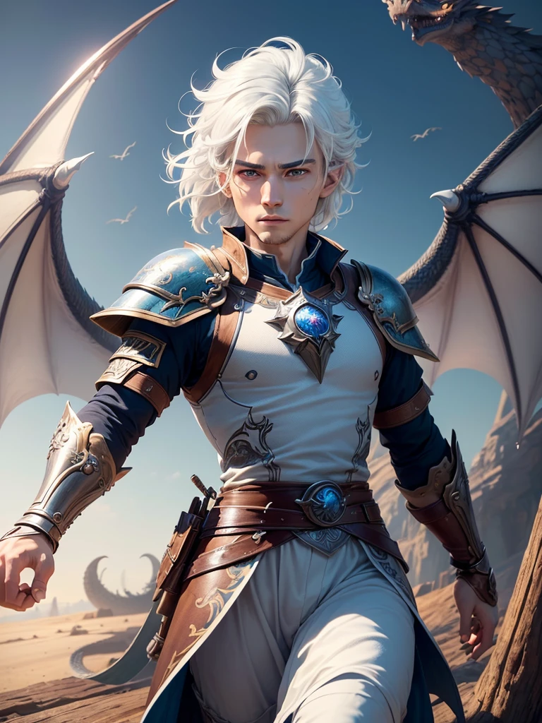 masterpiece, best quality, (extremely detailed CG unity 8k wallpaper, masterpiece, best quality, ultra-detailed, best shadow), (detailed background), (beautiful detailed face, male 25 years old, short white hair, warrior characteristic, light blue eyes, blue sky background and dragons flying in the background, and a wooden sign saying 7000 subscribers