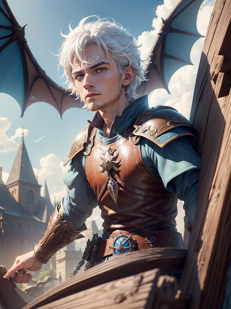 masterpiece, best quality, (extremely detailed CG unity 8k wallpaper, masterpiece, best quality, ultra-detailed, best shadow), (detailed background), (beautiful detailed face, male 25 years old, short white hair, warrior characteristic, light blue eyes, blue sky background and dragons flying in the background, and a wooden sign saying 7000 subscribers