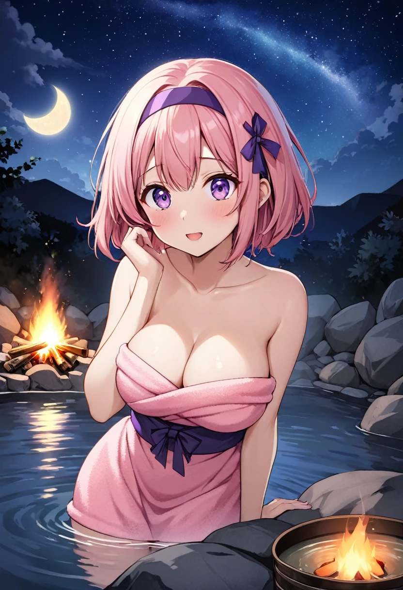 (Solo, 1 Female, {{{{Hundred Heroes: Momo}}}}}}, (((Pink towel))), (((Hidden body with towel))), , Large breasts, Thin waist, Pink hair, Bangs, ((((Medium hair))))), (((Small purple ribbon headband))), Purple eyes, Big eyes, Detailed face), Love, {{{{Embarrassed}}}, (((Looking up))), Red cheeks, ((( touching her hair))), (((immersed in hot spring up to her waist))), (looking at the viewer), ({{{masterpiece}}}, {{{top quality}}}, {{super detailed}}}, {illustration}, {{very delicate and beautiful}}, (((((beautiful hot spring at night))))), hot spring, steam, vapor, mist, nature, (((((beautiful night sky))))))), bonfire, cinema lighting, cinema composition, peach, shining night starry sky