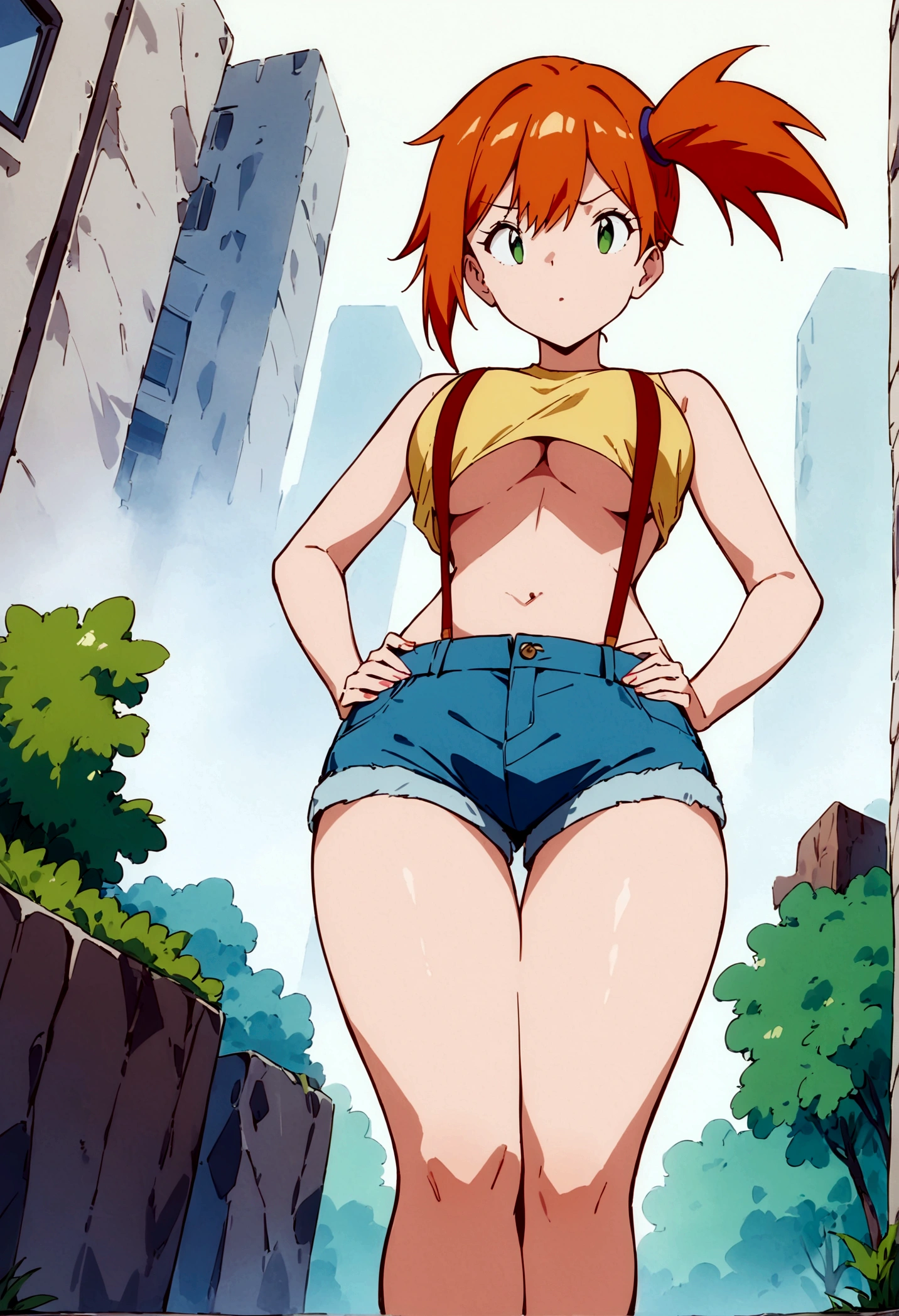score_9,score_8, score_7_.superior,from below, (Low angle shot), (Insect's Eye).walking,straight-on, masterpiece,bestquality, Highest quality, (mature) , (outcome), One girl, , Foggy, alone, Outdoor, Green Eyes, Orange Hair, Side Ponytail, Yellow Shirt, Sleeveless shirt,belly button, Denim shorts, suspenders, Captivating look, Seductive expressions),(under_boob),superfineillustration,finely detail,(absurdres),(shirt pull:1.2),hands on own hips