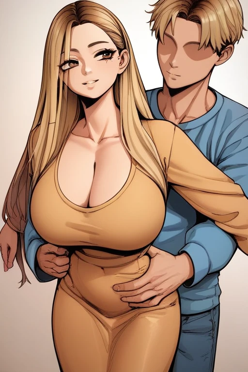 score_9, score_8_Excellent, score_7_Excellent, Hello、he, Brown eyes, blonde, Multicolored Hair, Long Hair,Long sleeves Round neck ,Khaki T-shirt maxi ((tight)) dress、Are standing,Big Breasts、One Girl、One boy、The Faceless Man、A man hugs a woman from behind、((Grab your chest))