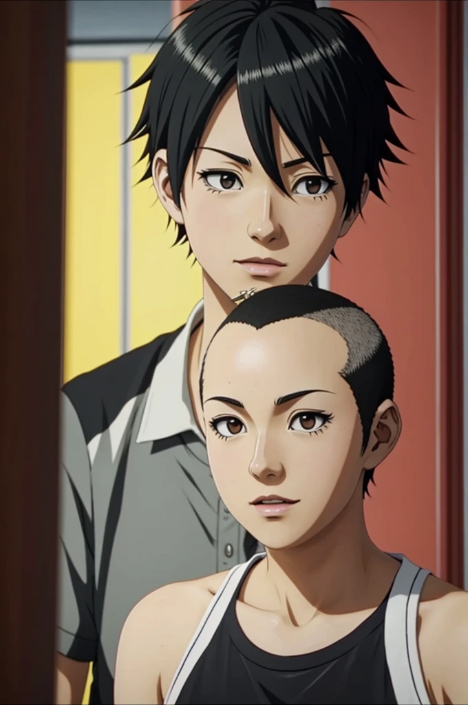 Haikyuu anime screenshot, Black-haired girl with short shaved hair, She's tall slim, honey colored eye, with an intimidating and serious face, 15 years, Black Volleyball uniform dress with orange details number 13, on a volleyball court in a match