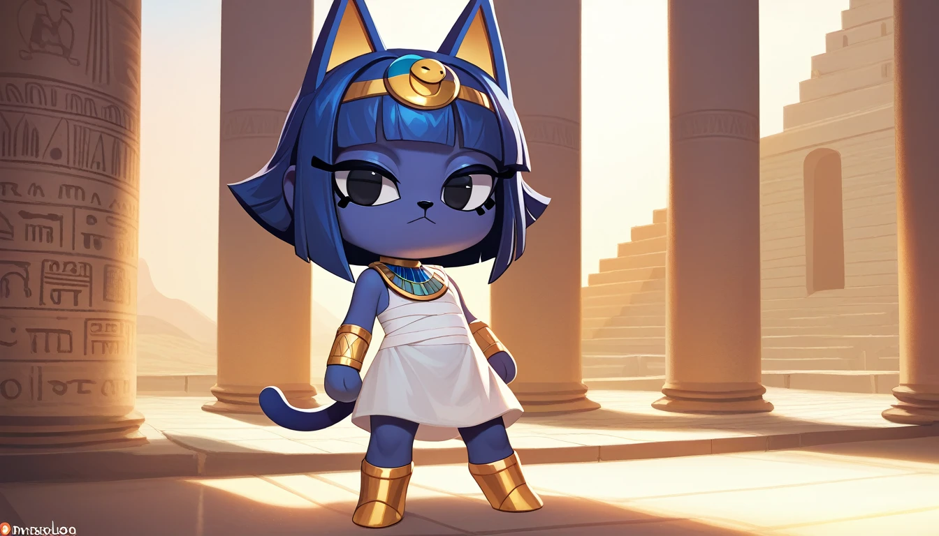 1girl,Artist Name,Egyptian cat,Blue Hair,skin,Keep your mouth shut,Wear,whole body,solo,Standing,猫Tail,Keep your mouth shut,Wear,Looking at the audience,Animal Crossing Furry, Blue Hair, Hair accessories, 黄skin, black eyes, White Dress, Tail, Egyptian Pyramids,mummy,Sunlight,sunny,(masterpiece), ((best quality), Detailed background, masterpiece, best quality, high quality, absurd, The award-winning, professional, Very detailed