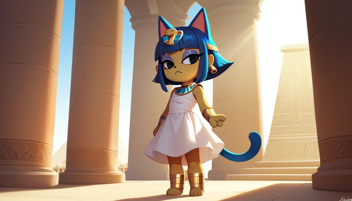 1girl，Artist Name，Egyptian cat，Blue Hair，skin，Keep your mouth shut，Wear，whole body，solo，Standing，猫Tail，Keep your mouth shut，Wear，Looking at the audience,Animal Crossing Furry, Blue Hair, Hair accessories, 黄skin, black eyes, White Dress, Tail, Egyptian Pyramids，mummy，Sunlight，sunny，(masterpiece), ((best quality), Detailed background, masterpiece, best quality, high quality, absurd, The award-winning, professional, Very detailed