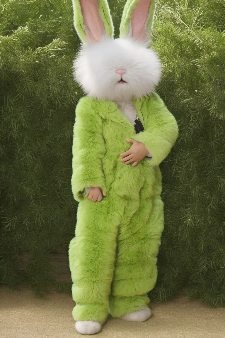 Fluffy fur overall, Bunny-like ears, tail, limbs are short, Anime Style, The hair tips are light green, Small enough to sit on an adult&#39;s shoulders, Sunlight filtering through the trees, Fantasy, in the forest, on the stump, Are standing, looking at the camera