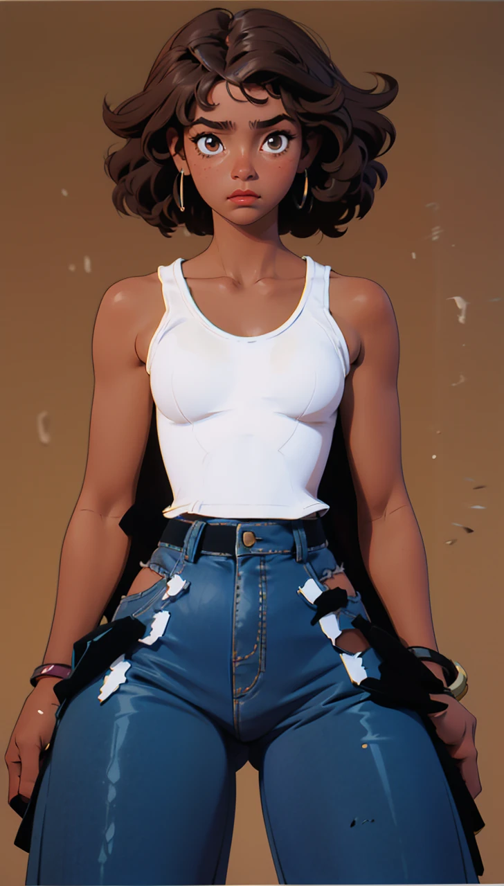 1girl, 16 year old, brown skinned, sad face, looking down, white tank top, blue jeans with cut out sides, curvy hips, brunette curly Afro, skilled