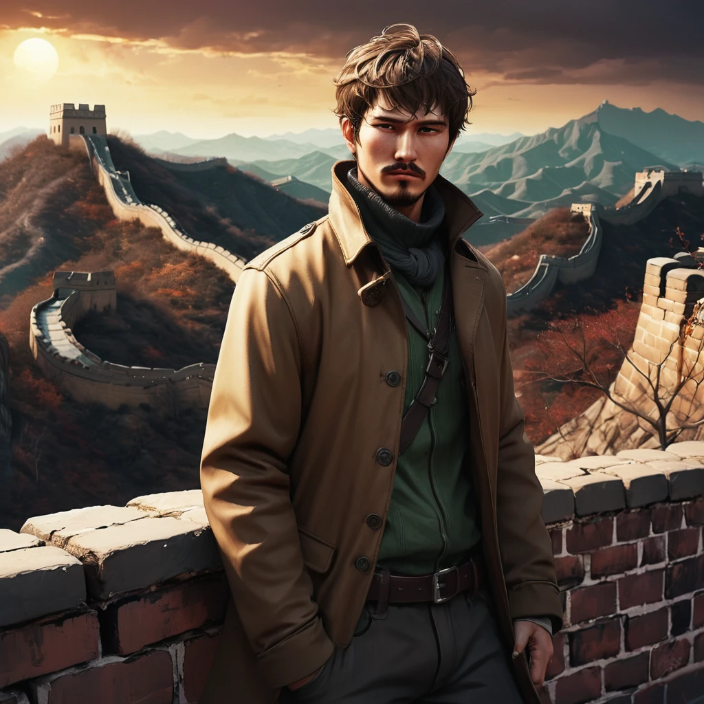 Regeneration Art, Masterpiece Octane renders sexy masculinity [Basque|The digital age] (Guy:1.2) , Jack the Ripper face, Jack the Ripper wearing a Harrington jacket, Harrington jacket color is brown, There is a decoration of the Great Wall of China on it, Medium Length Hair, Bearded，Detailed background, The dense sky, Visual novel, Full of hope, Warm lighting, Low shutter, Participate in a project，Background of the Great Wall of China