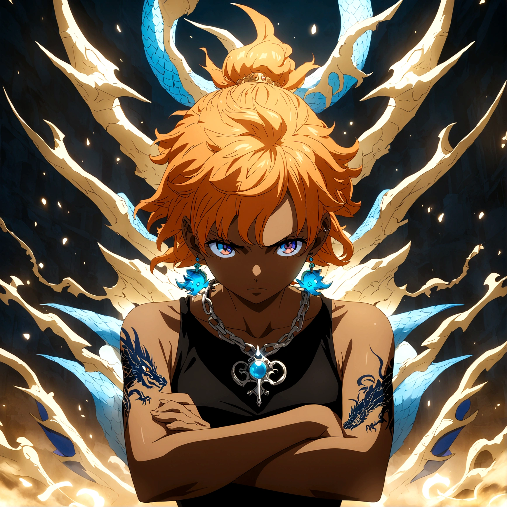 Young , brown skin, short orange hair with blue gradient, orange and blue eyes, dragon tattoos all over, dragon earring, black clothes with dragons drawn on them, chain with dragon pendant, crossed arms, arrogant expression, "One Piece-inspired features, full of dramatic and incredible lighting, dramatic lighting, infused with creative details, ultra-fine 2D design, scenery bathed in creativity, bathed in creativity, boasting HD anime resolution clarity, HD anime graphics, high-octane rendering"