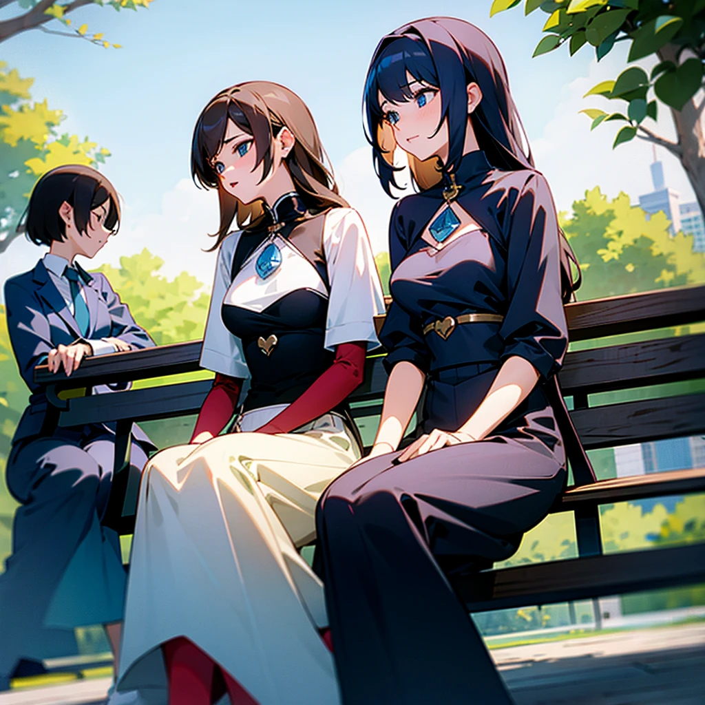 Do three woman sitting on bench showing chest