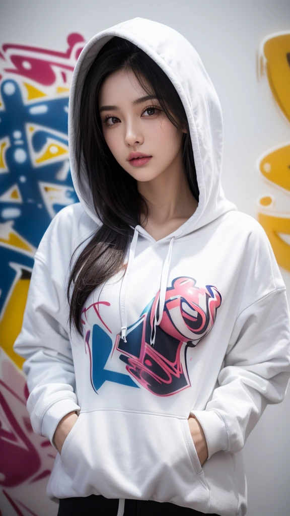 1 girl, solo, pretty face, eyelashes, nose, glossy lips, (detailed eyes, looking at viewer, fair skin, white skin: 1.5), smooth skin, wearing hoodie, 8k portrait of beauty in hoodie, intricate, graceful, highly detailed, majestic, digital photography, hyper realistic, Masterpiece, Best Quality, (graffiti:1.5), paint splatter, jacket, On wall, paint can, looking at viewer, head slanted, clothing color cyberpunk, (Wear a cyberpunk hooded military uniform), cyberpunk city, long fashion hair, slim body, large breast, small cleavage, wearing modern army hoodie, hoodie wear, masterpiece, highly detailed, ultra hd, 8k, detailed face, bright eyes, perfect eyes, detailed skin texture, detailed lips, sexy lips, perfect hands, dynamic poses, dynamic angle