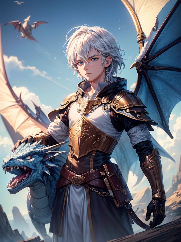 masterpiece, best quality, (extremely detailed CG unity 8k wallpaper, masterpiece, best quality, ultra-detailed, best shadow), (detailed background), (beautiful detailed face, male 25 years old, short white hair, warrior characteristic, light blue eyes, blue sky background and dragons flying in the background, and a wooden sign saying 7000 subscribers 