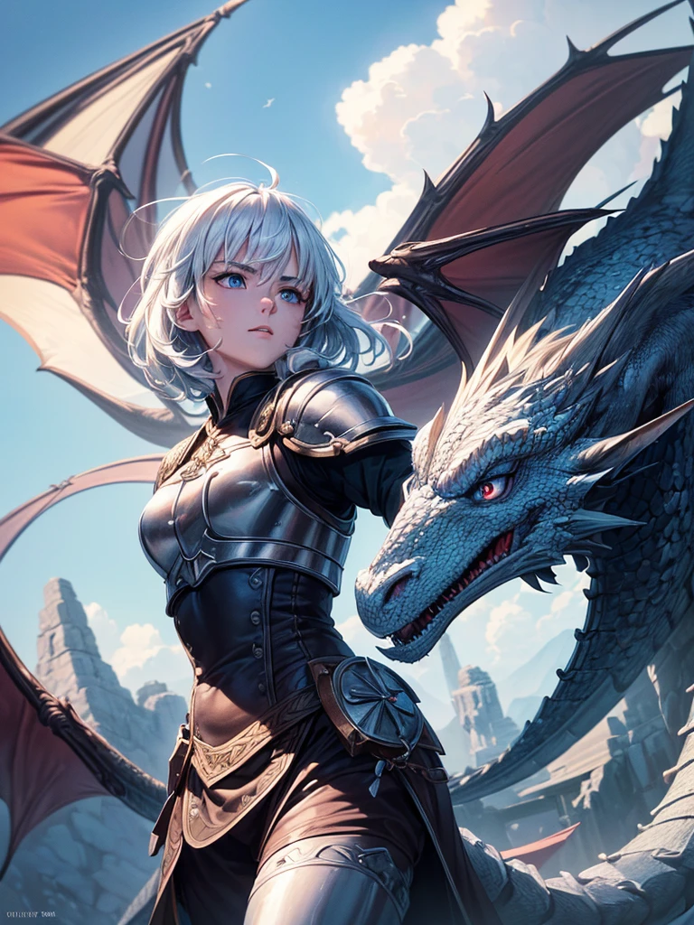 masterpiece, best quality, (extremely detailed CG unity 8k wallpaper, masterpiece, best quality, ultra-detailed, best shadow), (detailed background), (beautiful detailed face, male 25 years old, short white hair, warrior characteristic, light blue eyes, blue sky background and dragons flying in the background, and a wooden sign saying 7000 subscribers