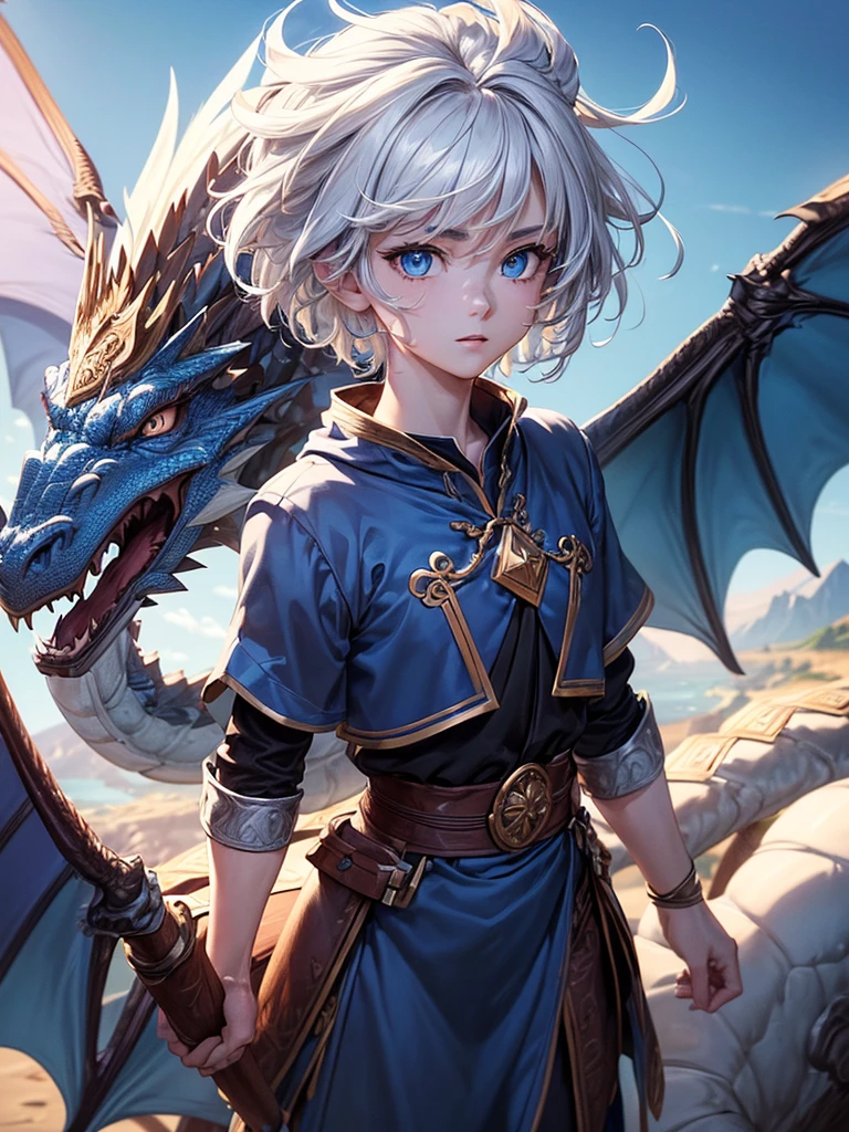 masterpiece, best quality, (extremely detailed CG unity 8k wallpaper, masterpiece, best quality, ultra-detailed, best shadow), (detailed background), (beautiful detailed face, male 25 years old, short white hair, warrior characteristic, light blue eyes, blue sky background and dragons flying in the background, and a wooden sign saying 7000 subscribers