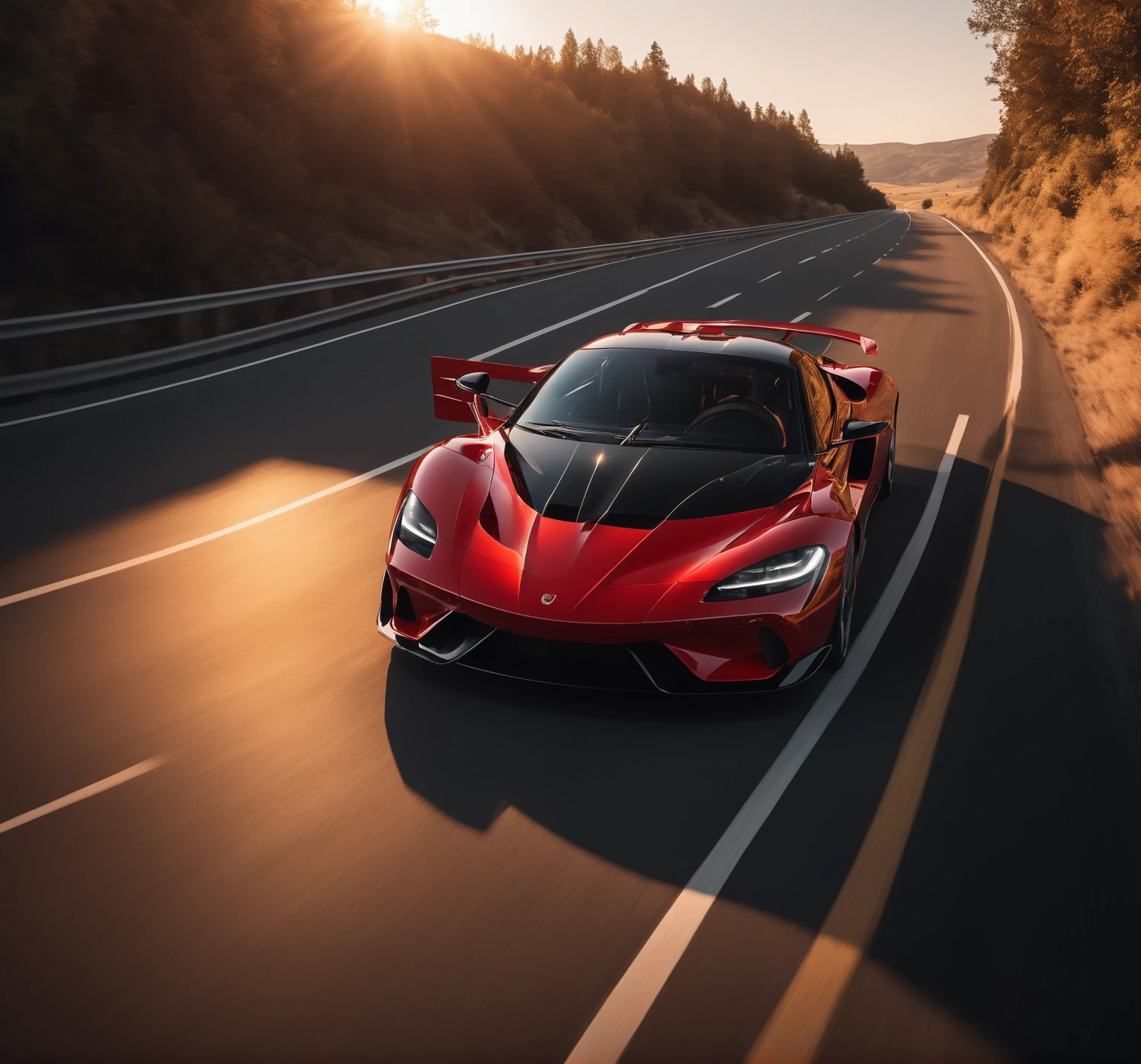 The camera tracks alongside the red sports car, capturing its sleek profile as it speeds through the highway. The evening light casts long shadows and a rich, golden hue over the landscape, creating a cinematic and thrilling atmosphere against the backdrop of a clear sky.
