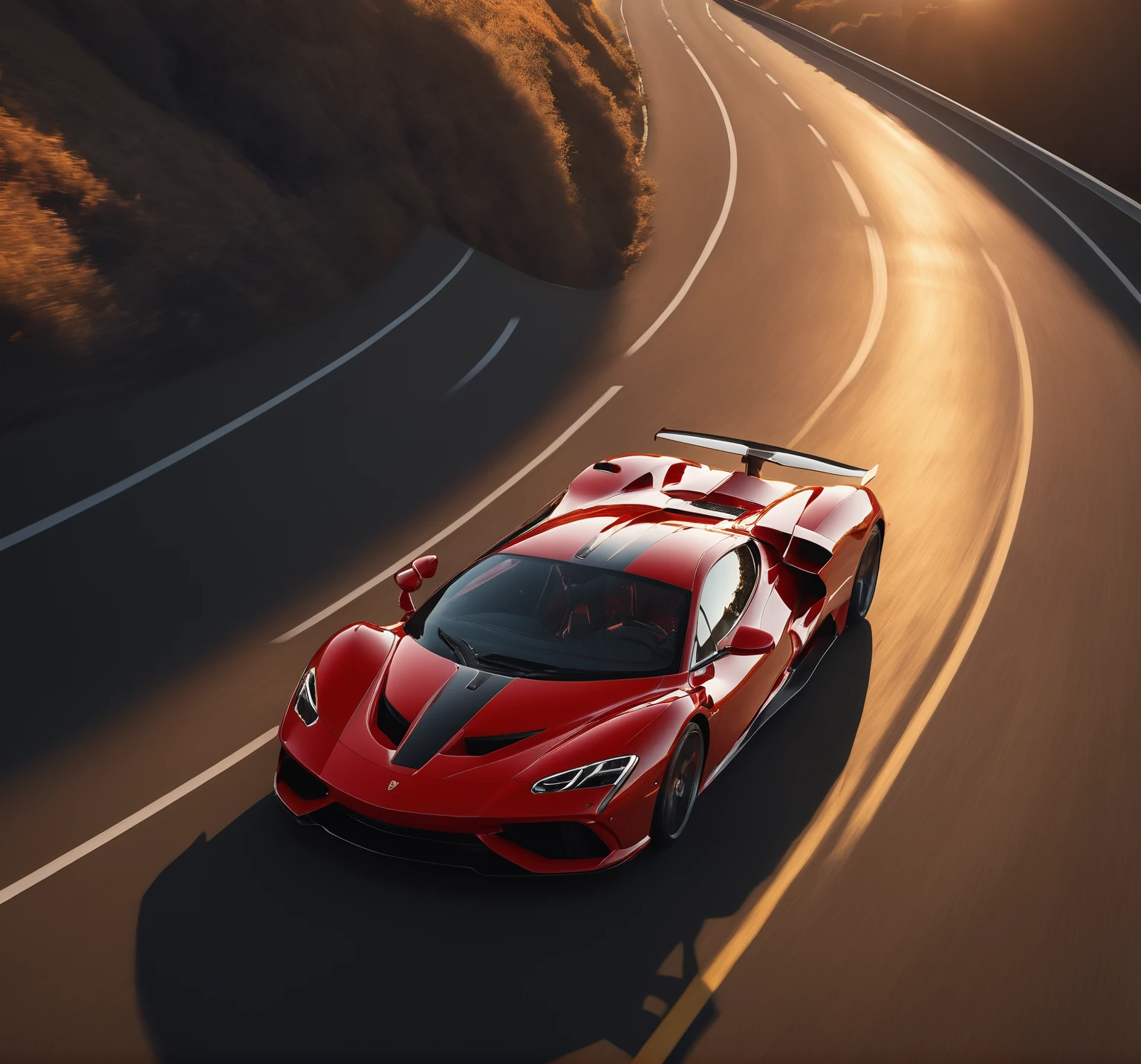 The camera tracks alongside the red sports car, capturing its sleek profile as it speeds through the highway. The evening light casts long shadows and a rich, golden hue over the landscape, creating a cinematic and thrilling atmosphere against the backdrop of a clear sky.