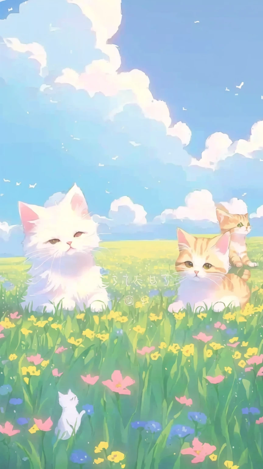 cartoon cat and kittens In a field of flowers with a sky background, Animated visual of cute cats, Kawaii cat, Cute cat, Lovely artwork, sitting In a field of flowers, In a field of flowers, Cute anime, Soft anime illustration, by Eizan This is a gift, Illustration of two cats, Anime cat, background is heavenly,Blue sky and white clouds,