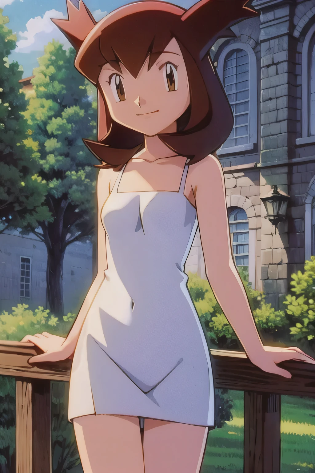 pokemovies, sugimori ken, ken sugimori ken \(style\), masterpiece, best quality, anime screencap, ultra-detailed, illustration, beautiful detailed eyes, very detailed illustration, cinematic lighting, 1 girl, solo, Pokemon Heroes (Bianca), Brown Hair, brown eyes, bare shoulders, sleeveless white dress, white camisole dress, soft skin, smile, very high resolution, garden background. ultra-detailed, hdr, cowboy shot, in the center,
