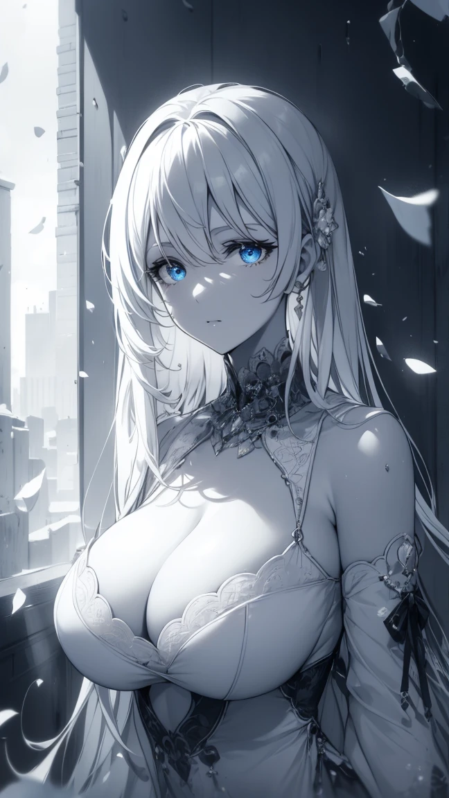 (masterpiece),((Highly detailed long silver hair)),((expressive blue eyes)),(Highly detailed white dress),deep cleavage,happy expression,extremely beautiful mature woman, milf,pale white skin,silver jewelry,best quality,cel shading,8K HD,highly detaild face, highly detaild eyes,flat color,(fullbody angle),high contrast,contrapposto,white background,surrealist style,snowstorm effect