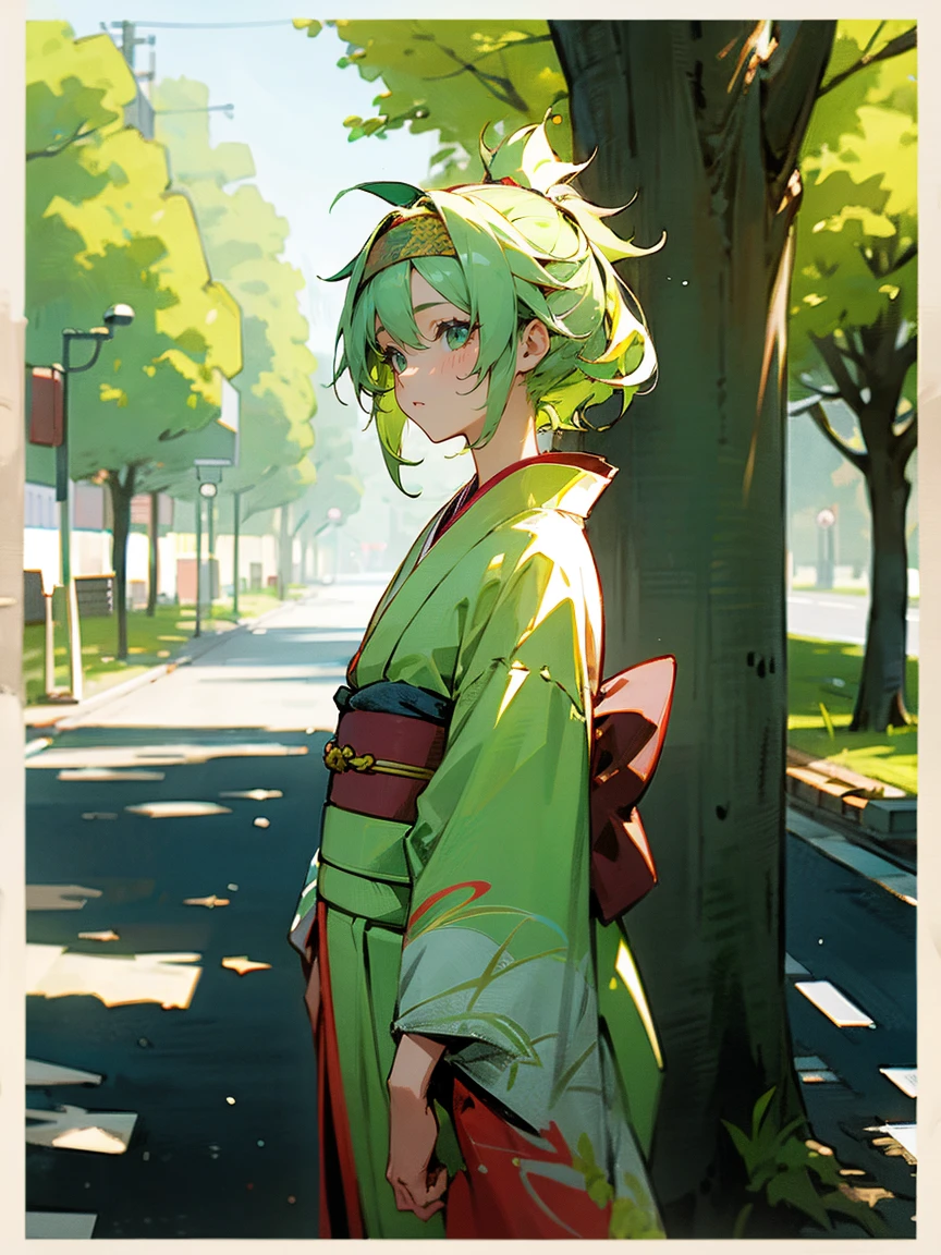 1female, light green hair, messy hair, headband, kimono, street, trees, day