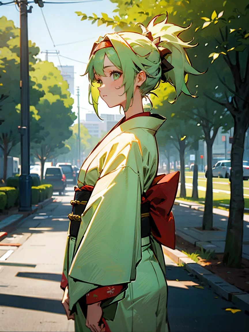 1female, light green hair, messy hair, headband, kimono, street, trees, day