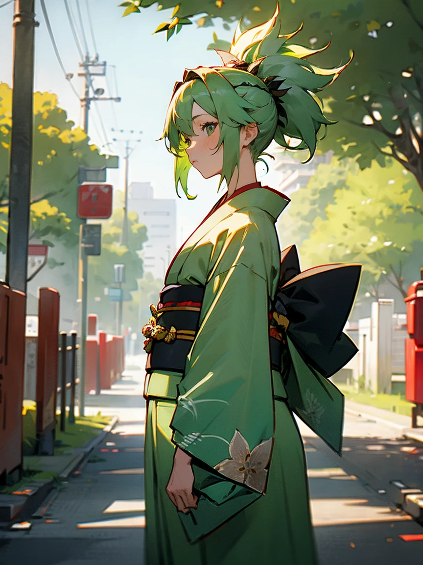 1female, light green hair, messy hair, headband, kimono, street, trees, day