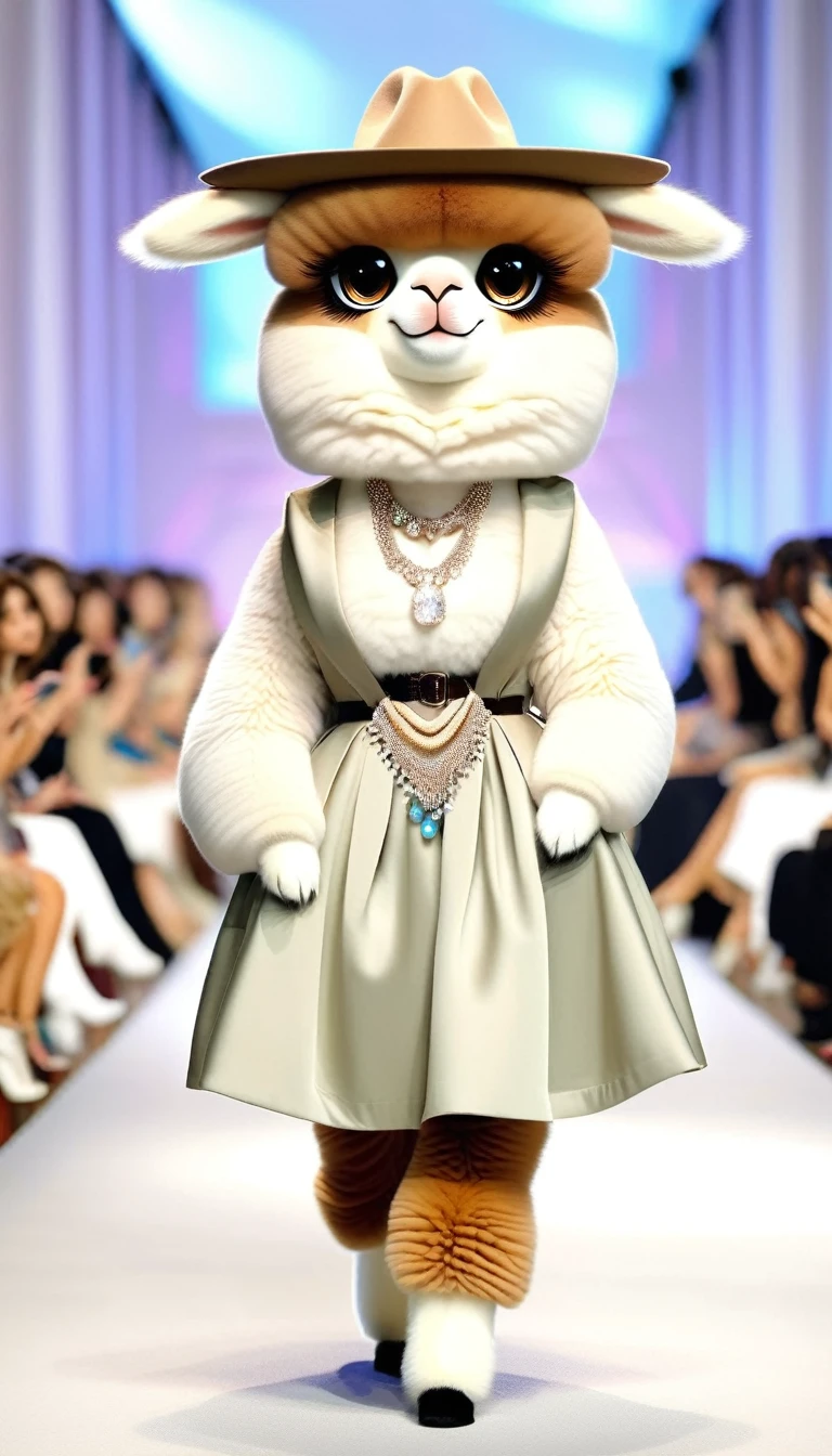 （Cute alpaca fashion show）,Alpaca is anthropomorphized with makeup，(whole body image)，Fashion trends for summer 2024，Khaki，milky，Charming Alpaca，Enchanting Alpaca, standing on a catwalk(hands on hips:1.5)，Cool，[Cute big eyes]，necklace，hat，Fashion，Cartoon，in style of Cosplay fashion design , portrait，background：Fashion show catwalks