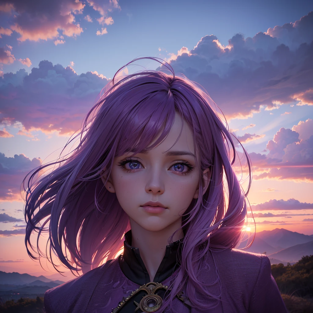 purple sunset sky, magical glowing clouds, mystical atmosphere, fantasy landscape, (best quality,4k,8k,highres,masterpiece:1.2),ultra-detailed,(realistic,photorealistic,photo-realistic:1.37),dramatic lighting, dramatic colors, cinematic composition, intricate details, vivid colors, ethereal, dreamlike, enchanting