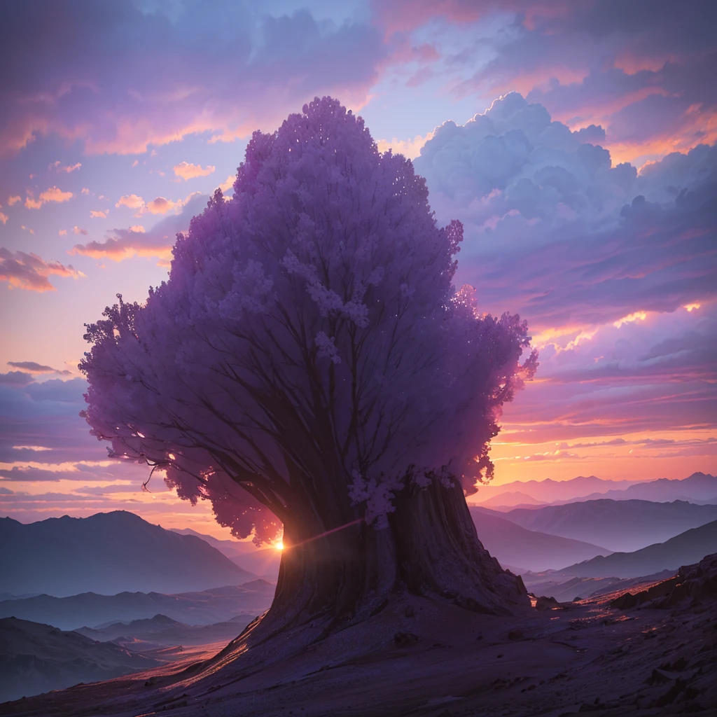 purple sunset sky, magical glowing clouds, mystical atmosphere, fantasy landscape, (best quality,4k,8k,highres,masterpiece:1.2),ultra-detailed,(realistic,photorealistic,photo-realistic:1.37),dramatic lighting, dramatic colors, cinematic composition, intricate details, vivid colors, ethereal, dreamlike, enchanting