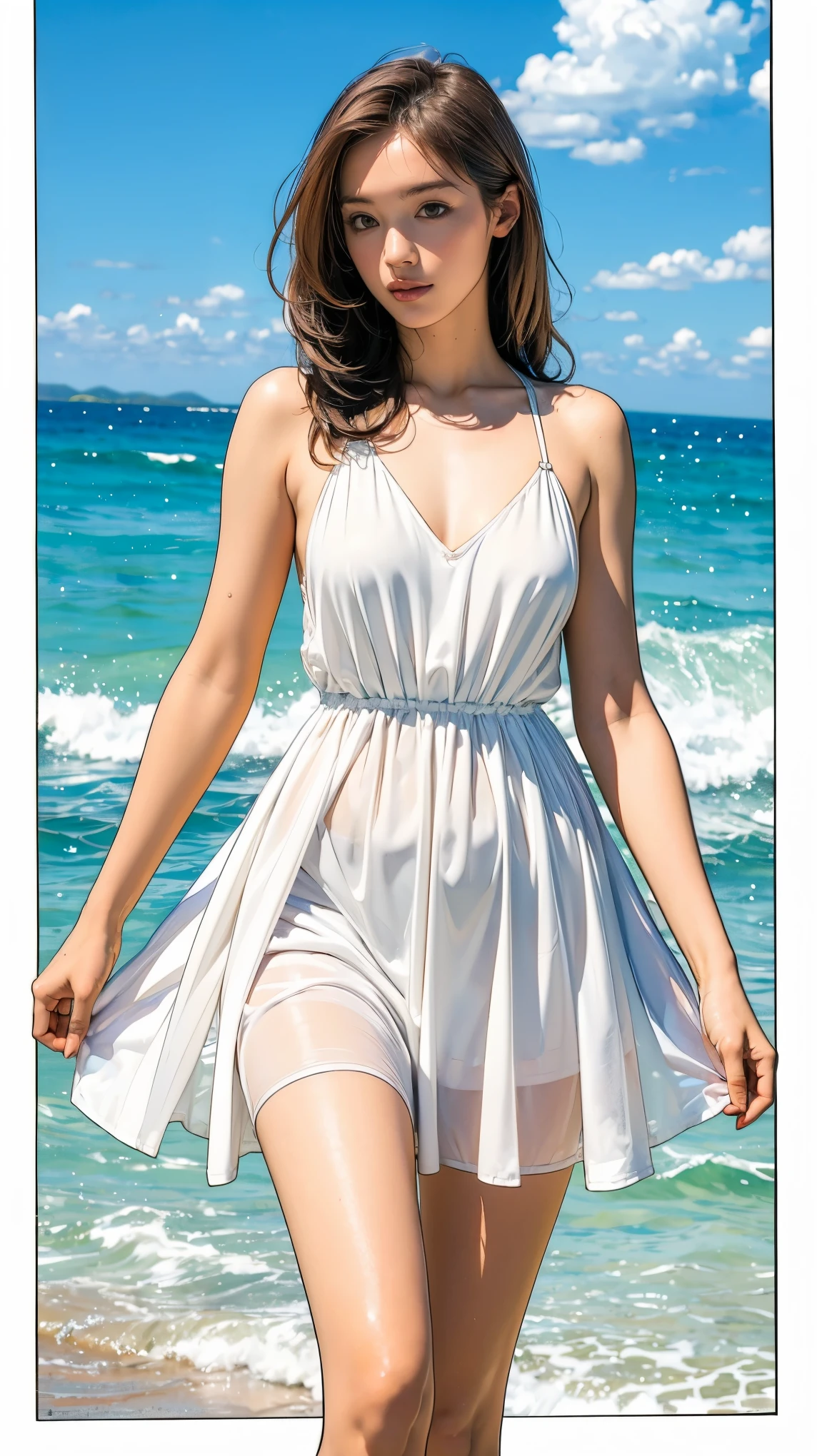 ((masterpiece)),(((Highest quality))),((Character design sheet)),Thin thighs,Long legs,((woman, alone, Long Hair)),Innocent look, Bare arms, Expose your shoulders, Bear neck, watercolor, water, Wave, water dress, Ocean, See-through dress, Silver Hair,Wearing a white bra