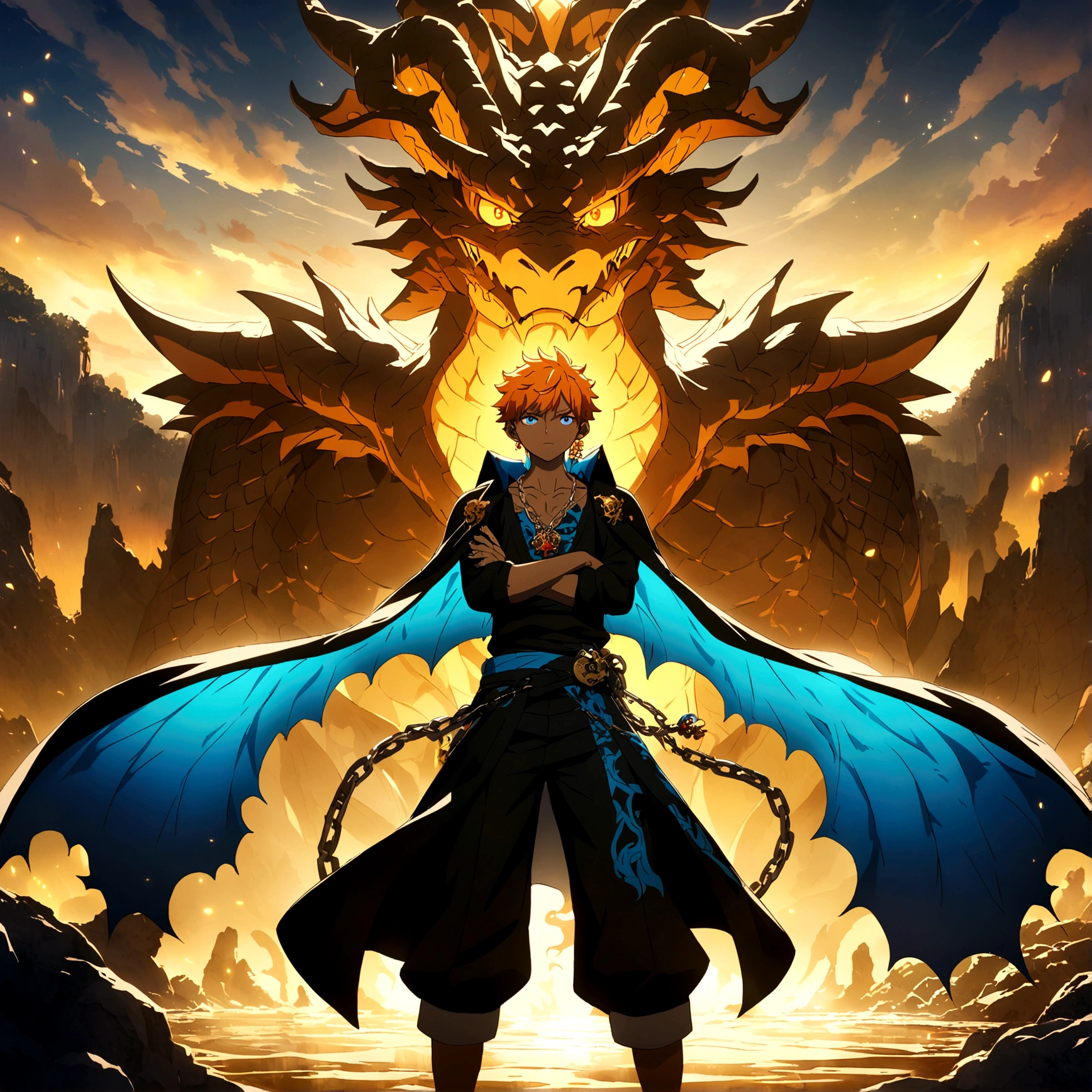 Young boy, childlike appearance, brown skin, short orange hair with blue gradient, orange and blue eyes, dragon tattoos all over the body, dragon earring, black clothes with dragons drawn on them, chain with dragon pendant, crossed arms, arrogant expression, "One Piece-inspired features, full of dramatic and incredible lighting, dramatic lighting, infused with creative details, ultra-fine 2D design, scenery bathed in creativity, bathed in creativity, boasting HD anime resolution clarity, HD anime graphics, high-octane rendering"