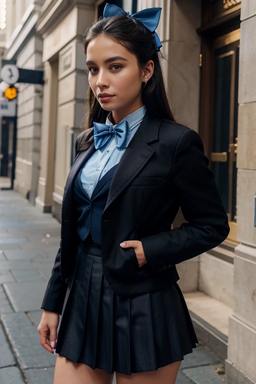 female gala uniform with black pleated skirt, medium blue jacket with blue details and a bow tie