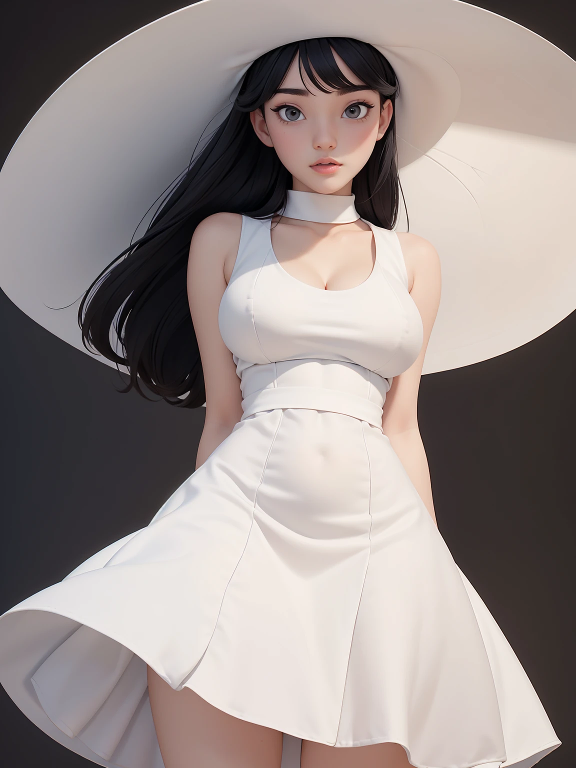 (best quality, masterpiece, perfect face) black hair, 18 years old pale girl, big bust, white sundress, big white hat
