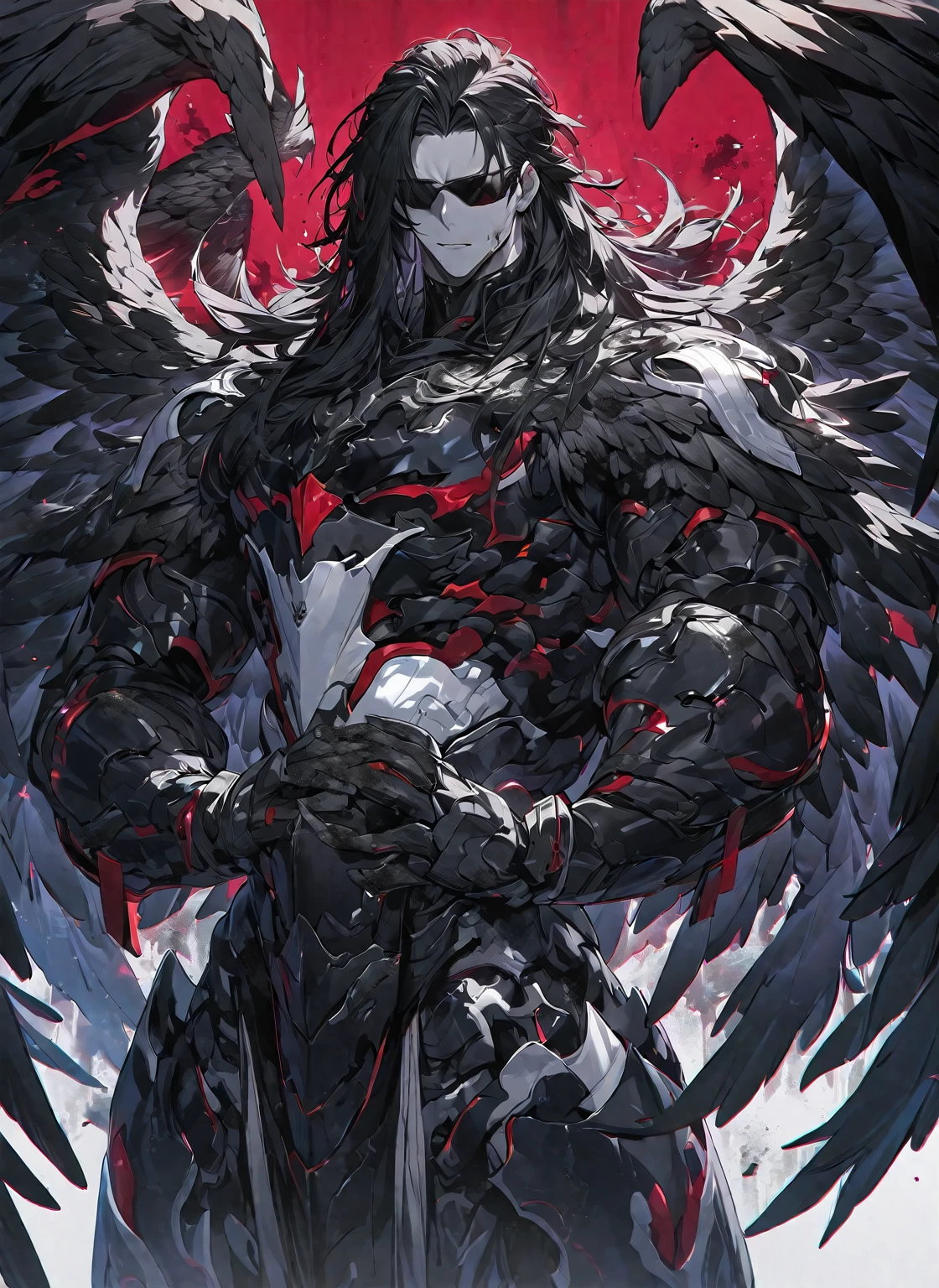 Best quality, One, beautiful, 1 man, tall man, with a sporty body, V-shaped body, wide shoulders, black detailed armor with bright white details, 10 black feathered wings, long hair, Black hair covered with dirt and Charcoals, neon white pupils (white eyes), against the background Black miasma with shades of red