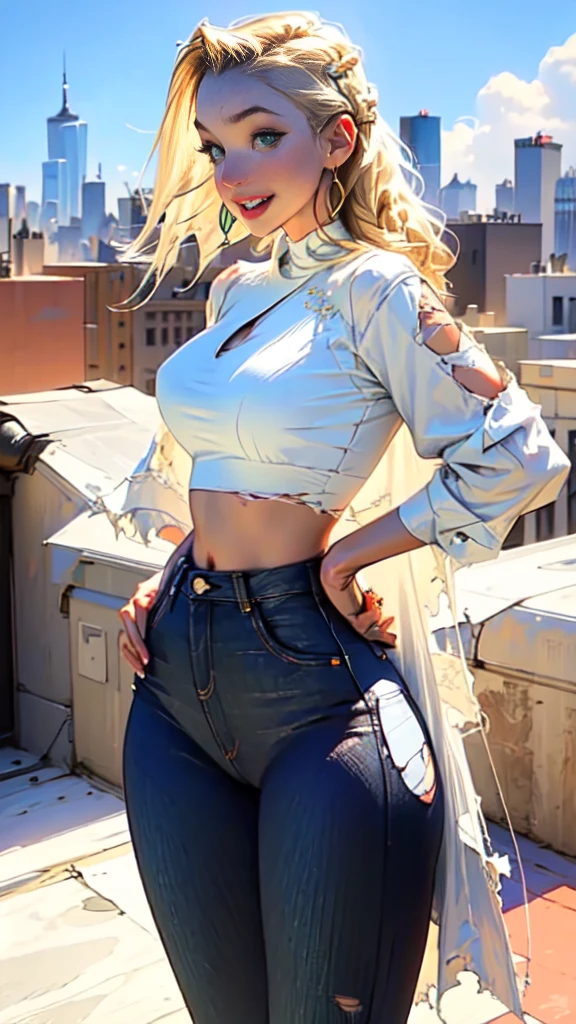 Girl with tan skin, braided hair, blonde, Box braids, green eyes, smiling, super tight jeans, torn, belly exposed, big hips, hands down, black bra, white blouse, big circle gold earrings, freckles, big lips, on a rooftop, nyc skyline in the background, blue skies big clouds