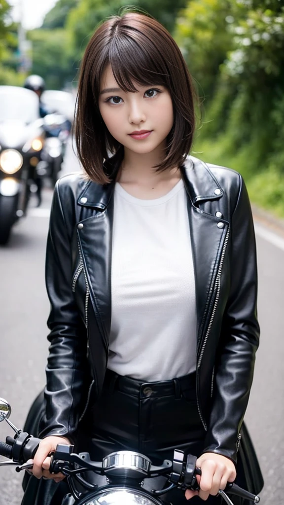 Close-up of a cute Japanese girl riding a motorcycle,Leather riders jacket、