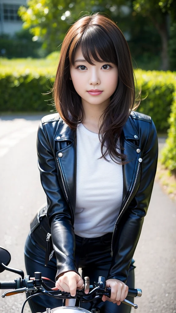 Close-up of a cute Japanese girl riding a motorcycle,Leather riders jacket、