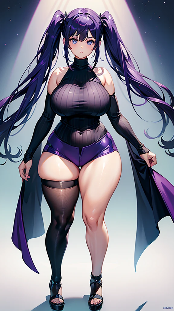 1girl, plus size, dark purple hair (long) (pigtails) (dark blue tips), lightly tan skin color, light blue eyes (glowing), wearing sleeveless turtleneck (blue), shorts (black), stockings (long) (purple), cape (waist length) (purple), absurdres, high res, ultra sharp, 8k, masterpiece, looking at viewer