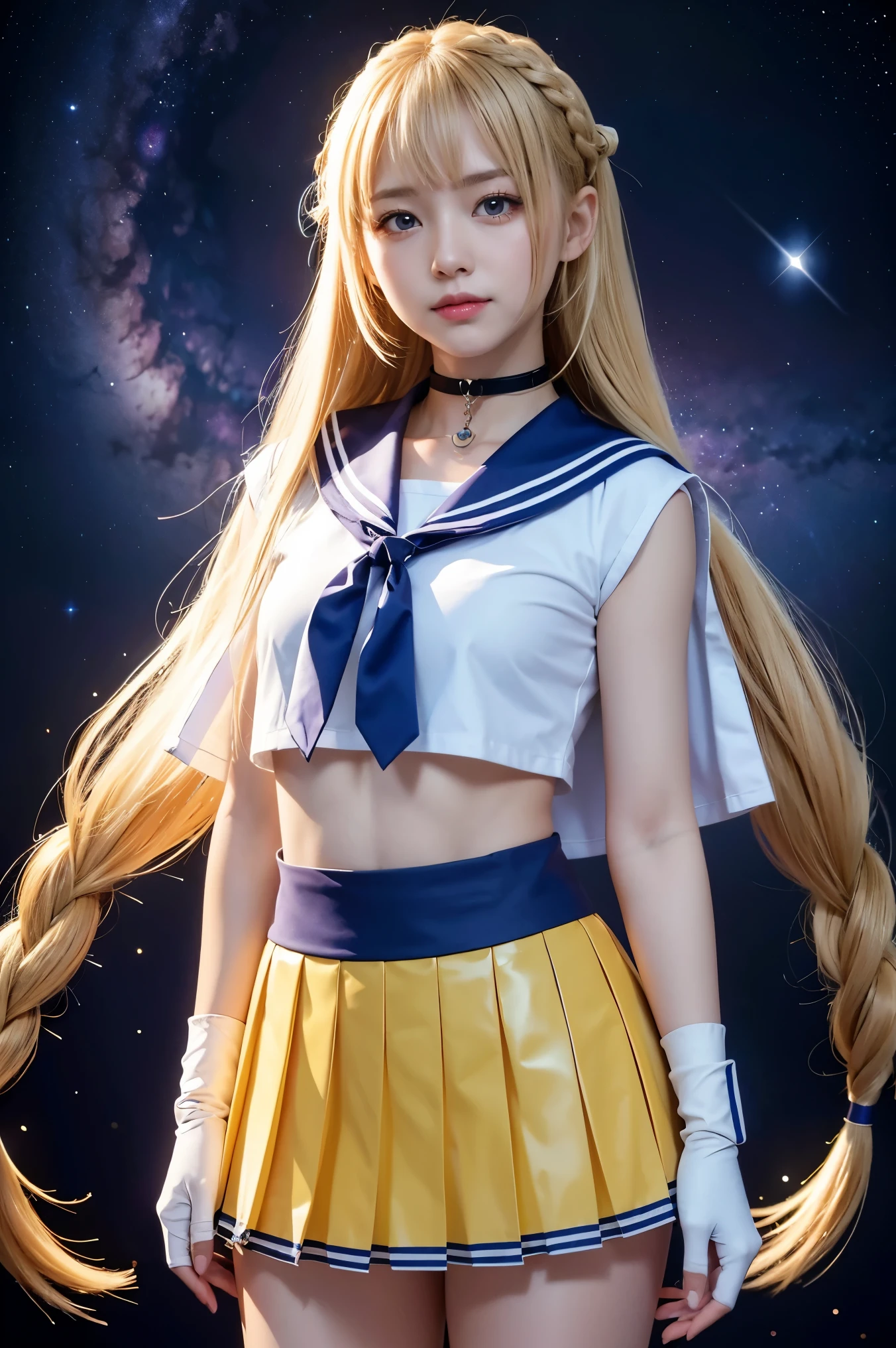 ((Line Pleated Skirt))、(((long braid yellow hair、A -yeld Jaese girl wearing a shiny short-sleeved white sailor uniform with elbow gloves and a short cloak over it.,smile)))、(((Yellow latex sailor collar)))、(((Yellow latex pleated skirt)))、choker、イヤring、ribbon、ring、belly button、 (((Sailor Warrior Uniforms)))、Beautiful ornaments: 美しいPerfect Face, Soft Skin、Perfect Face, Intricate details, Splash screen, 8K resolution, masterpiece, Cute face、(((Space Background))、(Blue and purple light)、Queen of Queens