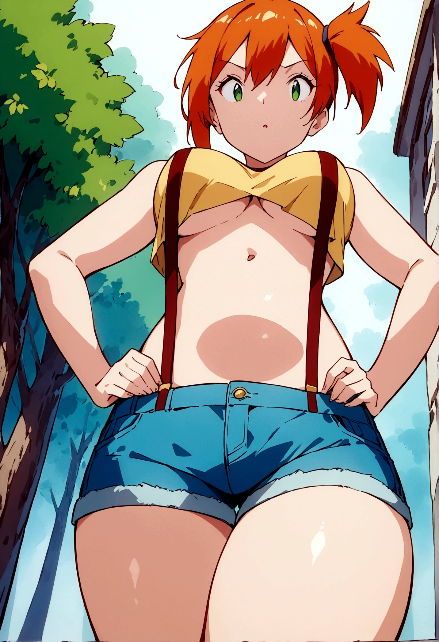 score_9,score_8, score_7_.superior,from below, (Low angle shot), (Insect's Eye).walking,straight-on, masterpiece,bestquality, Highest quality, (mature) , (outcome), One girl, , Foggy, alone, Outdoor, Green Eyes, Orange Hair, Side Ponytail, Yellow Shirt, Sleeveless shirt,belly button, Denim shorts, suspenders, Captivating look, Seductive expressions),(under_boob),superfineillustration,finely detail,(absurdres),(shirt pull:1.2),hands on own hips